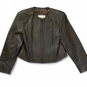 Vintage Lord & Taylor Dark Brown Lined Leather Zip-Up Womens‎ Jacket Size 2P M/L